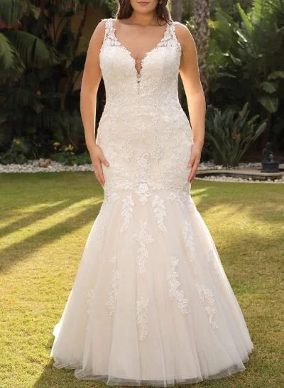 Trumpet/Mermaid V-Neck Sleeveless Sweep Train Lace/Tulle Wedding Dresses
