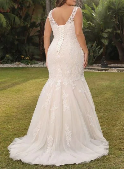 Trumpet/Mermaid V-Neck Sleeveless Sweep Train Lace/Tulle Wedding Dresses