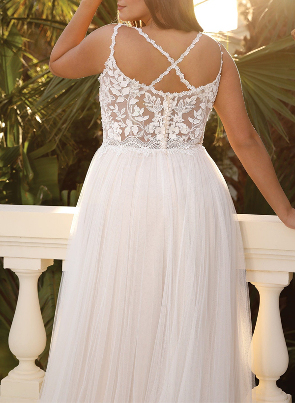 A-Line V-Neck Sleeveless Sweep Train Lace/Tulle Plus Size Wedding Dresses