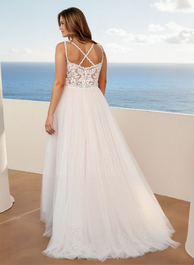 A-Line V-Neck Sleeveless Sweep Train Lace/Tulle Plus Size Wedding Dresses