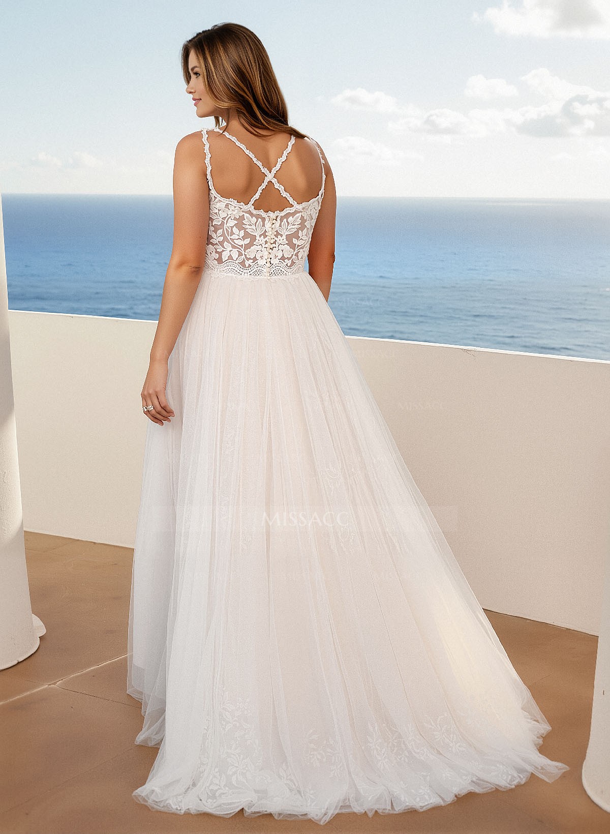 A-Line V-Neck Sleeveless Sweep Train Lace/Tulle Plus Size Wedding Dresses