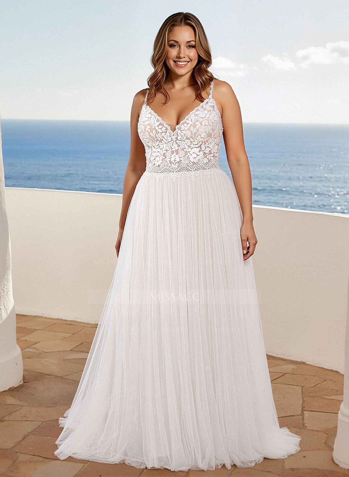 A-Line V-Neck Sleeveless Sweep Train Lace/Tulle Plus Size Wedding Dresses