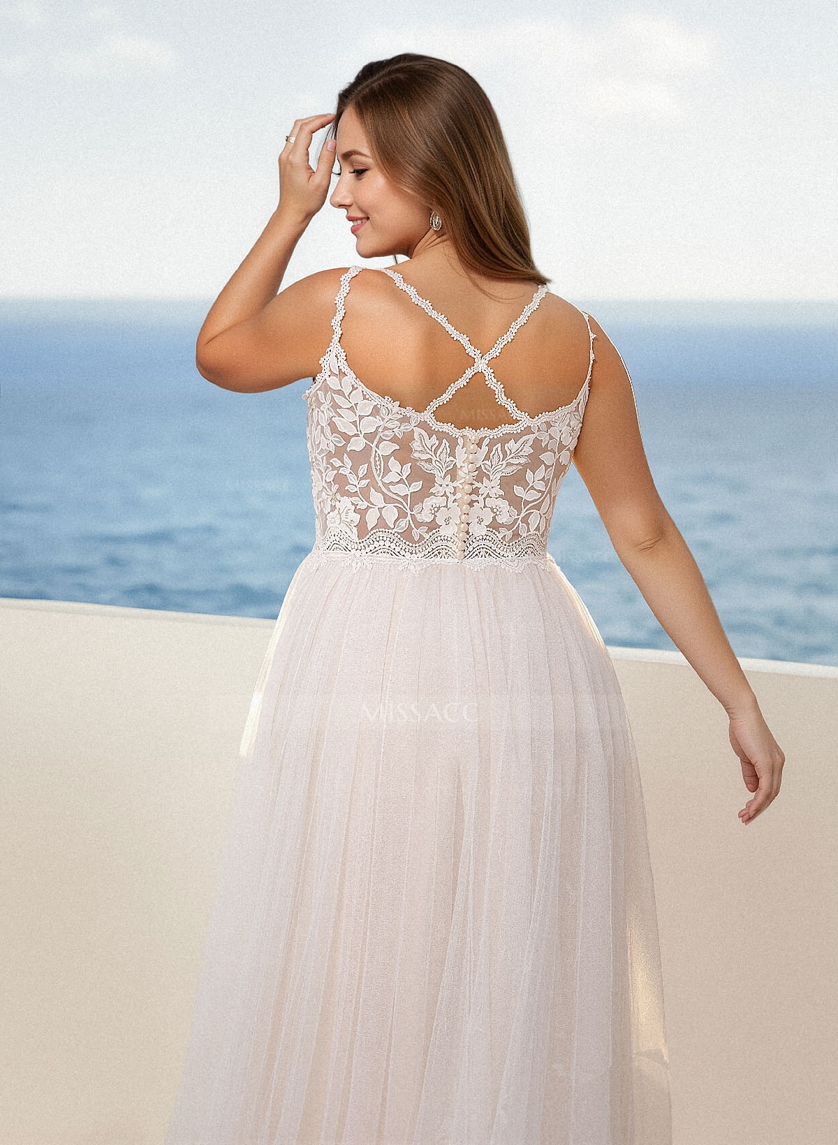 A-Line V-Neck Sleeveless Sweep Train Lace/Tulle Plus Size Wedding Dresses