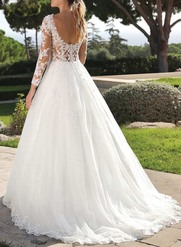 A-Line V-Neck Long Sleeves Sweep Train Lace/Tulle Wedding Dresses