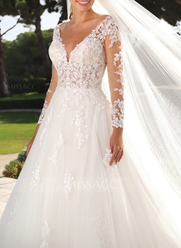 A-Line V-Neck Long Sleeves Sweep Train Lace/Tulle Wedding Dresses