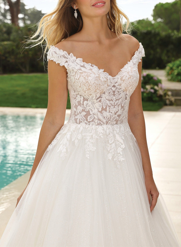 A-Line Off-The-Shoulder Sleeveless Sweep Train Lace/Tulle Wedding Dresses