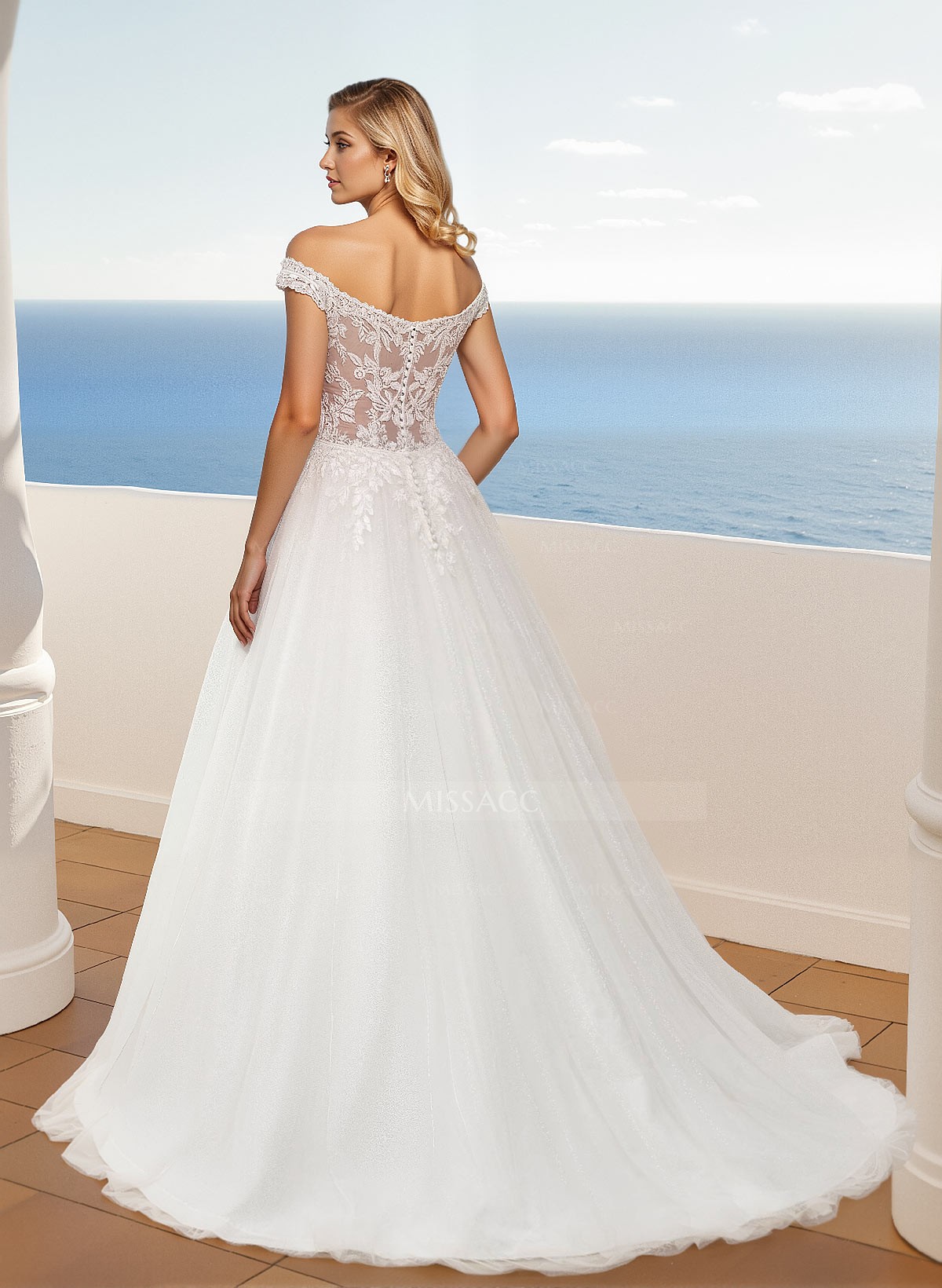 A-Line Off-The-Shoulder Sleeveless Sweep Train Lace/Tulle Wedding Dresses