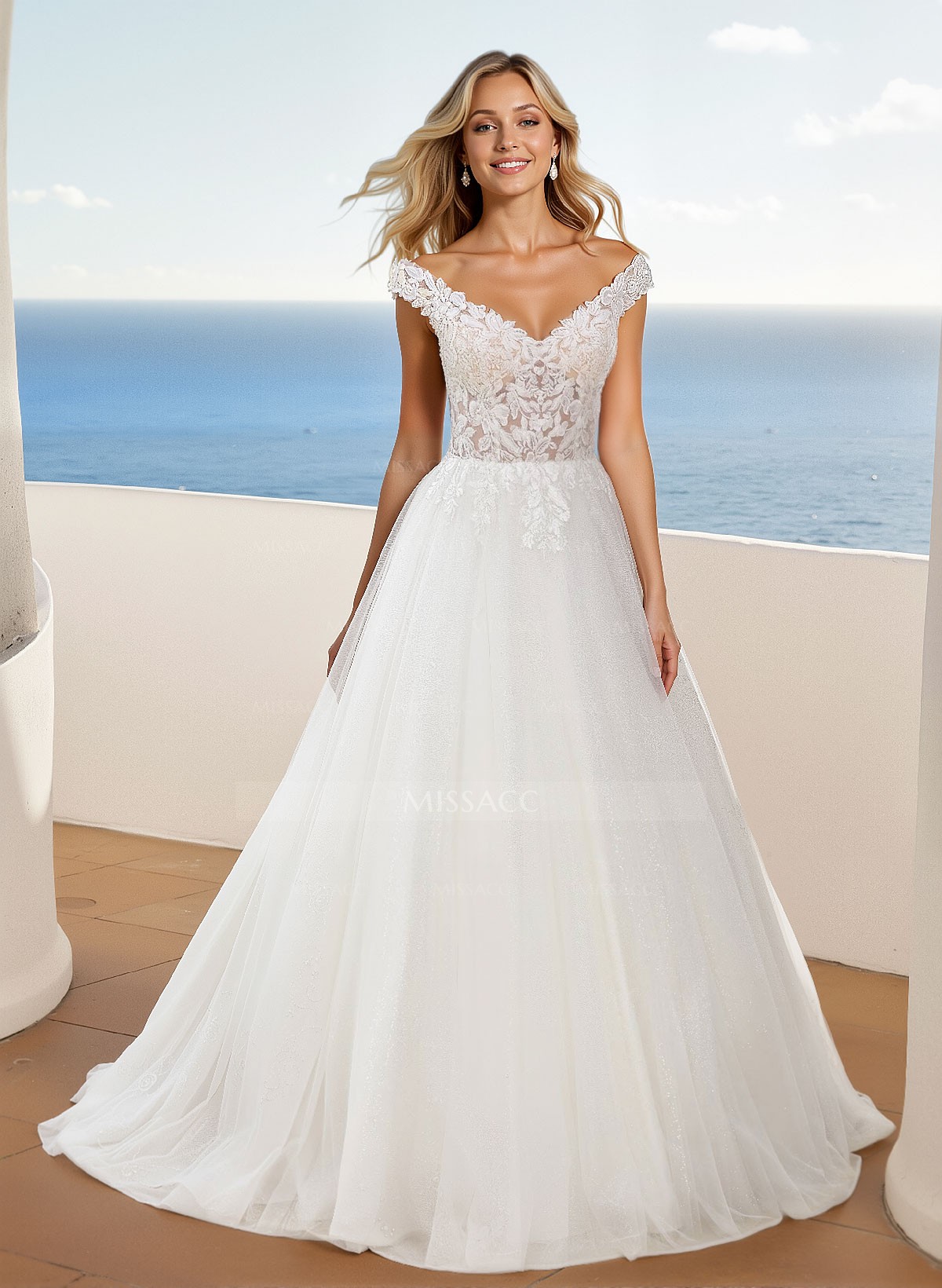 A-Line Off-The-Shoulder Sleeveless Sweep Train Lace/Tulle Wedding Dresses