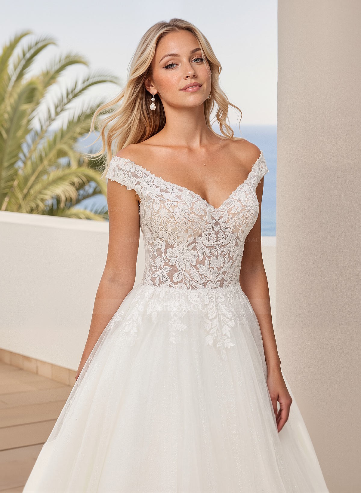 A-Line Off-The-Shoulder Sleeveless Sweep Train Lace/Tulle Wedding Dresses