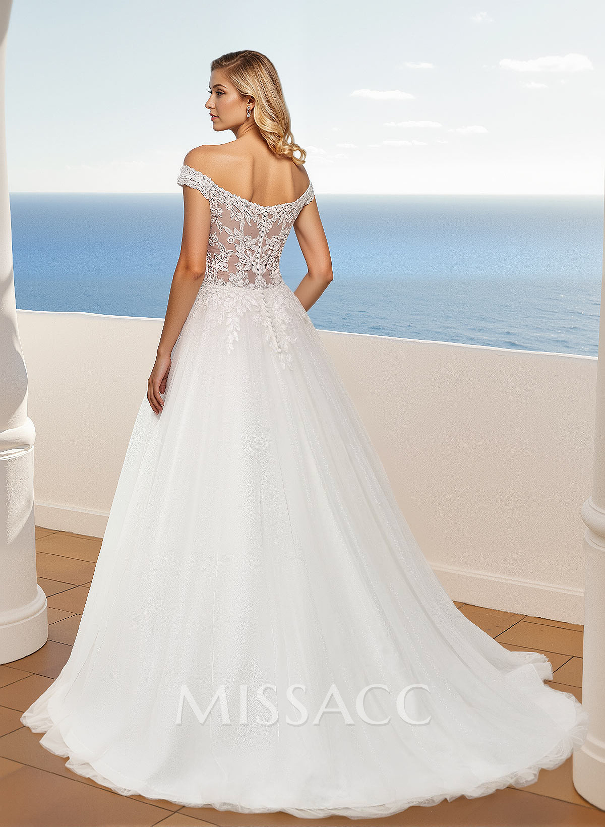 A-Line Off-The-Shoulder Sleeveless Sweep Train Lace/Tulle Wedding Dresses