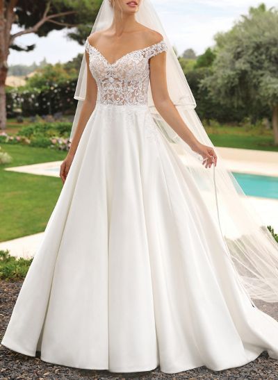 A-Line Off-The-Shoulder Sleeveless Court Train Lace/Satin Wedding Dresses