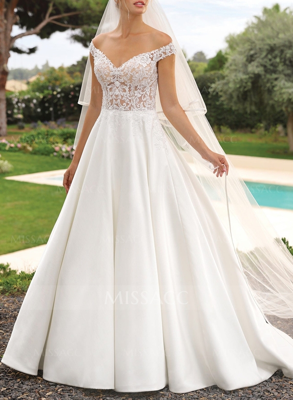 A-Line Off-The-Shoulder Sleeveless Court Train Lace/Satin Wedding Dresses