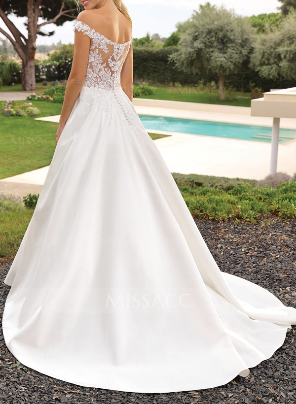 A-Line Off-The-Shoulder Sleeveless Court Train Lace/Satin Wedding Dresses