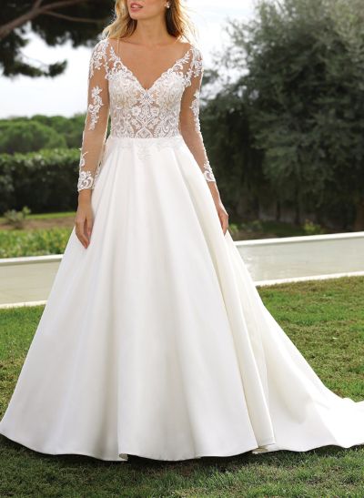 A-Line V-Neck Long Sleeves Court Train Lace/Satin Wedding Dresses