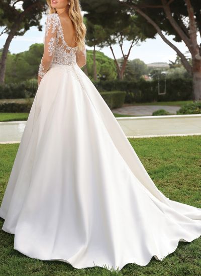 A-Line V-Neck Long Sleeves Court Train Lace/Satin Wedding Dresses