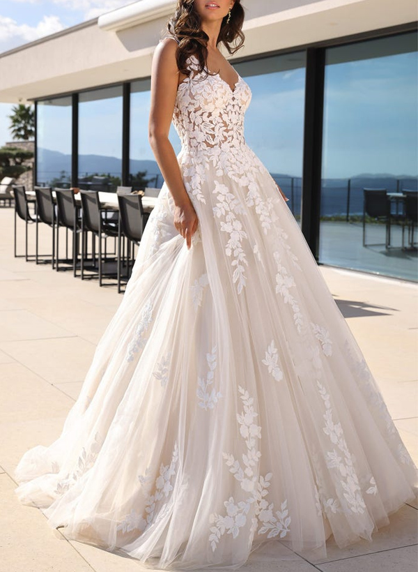 A-Line V-Neck Sleeveless Sweep Train Lace/Tulle Wedding Dresses