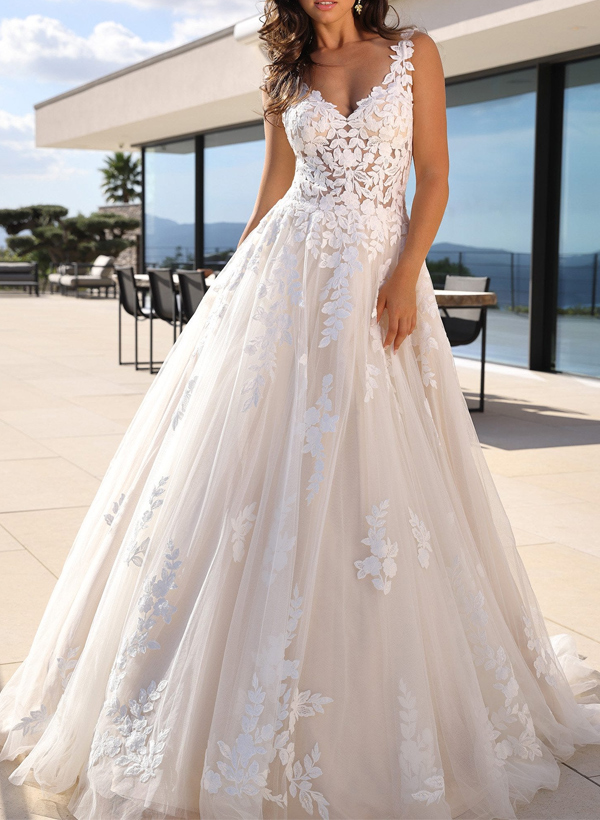 A-Line V-Neck Sleeveless Sweep Train Lace/Tulle Wedding Dresses