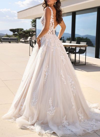 A-Line V-Neck Sleeveless Sweep Train Lace/Tulle Wedding Dresses