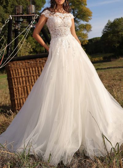 A-Line Scoop Neck Sleeveless Sweep Train Lace/Tulle Wedding Dresses