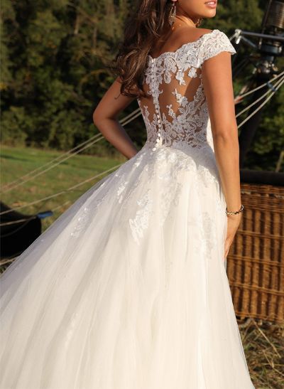 A-Line Scoop Neck Sleeveless Sweep Train Lace/Tulle Wedding Dresses