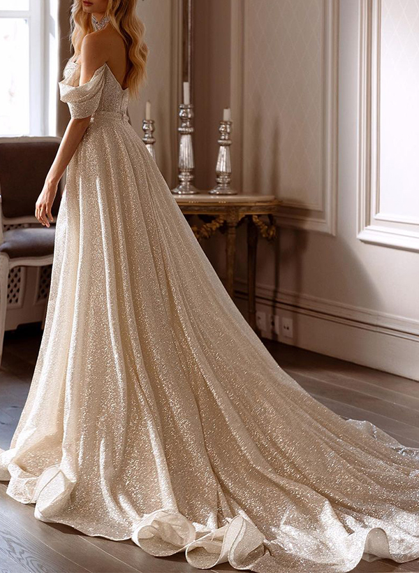 Sheath/Column Off-The-Shoulder Sequined Wedding Dresses With High Split