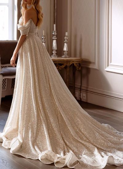 Sheath/Column Off-The-Shoulder Sequined Wedding Dresses With High Split