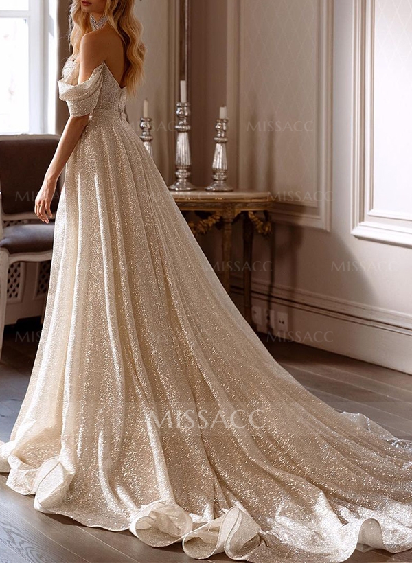 Sheath/Column Off-The-Shoulder Sequined Wedding Dresses With High Split