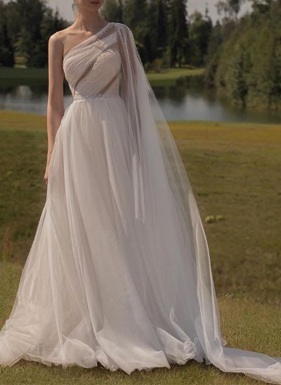 A-Line One-Shoulder Sleeveless Sweep Train Tulle Wedding Dresses