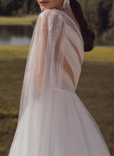 A-Line One-Shoulder Sleeveless Sweep Train Tulle Wedding Dresses