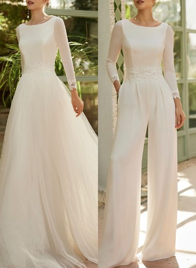 Jumpsuit/Pantsuit Scoop Neck Tulle/Silk Like Satin Wedding Dresses With Lace
