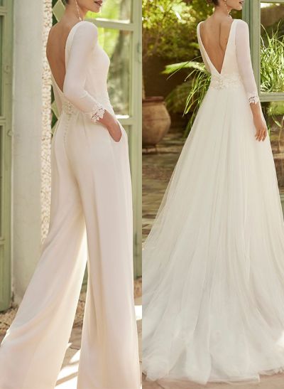 Jumpsuit/Pantsuit Scoop Neck Tulle/Silk Like Satin Wedding Dresses With Lace