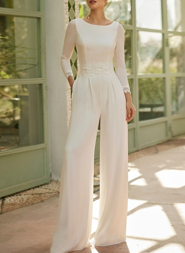 Jumpsuit/Pantsuit Scoop Neck Tulle/Silk Like Satin Wedding Dresses With Lace