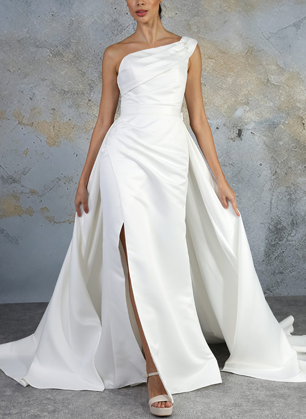 Sheath/Column One-Shoulder Satin Wedding Dresses With Split Front