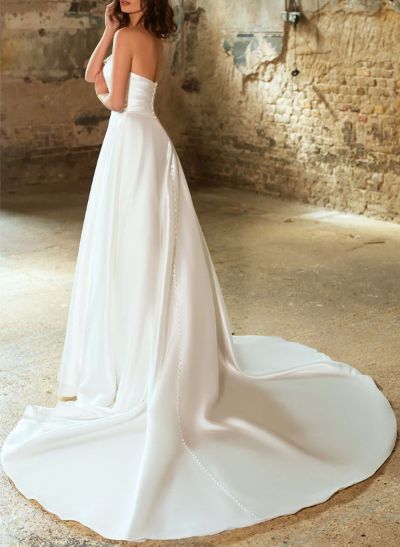 A-Line Strapless Sleeveless Court Train Satin Wedding Dresses