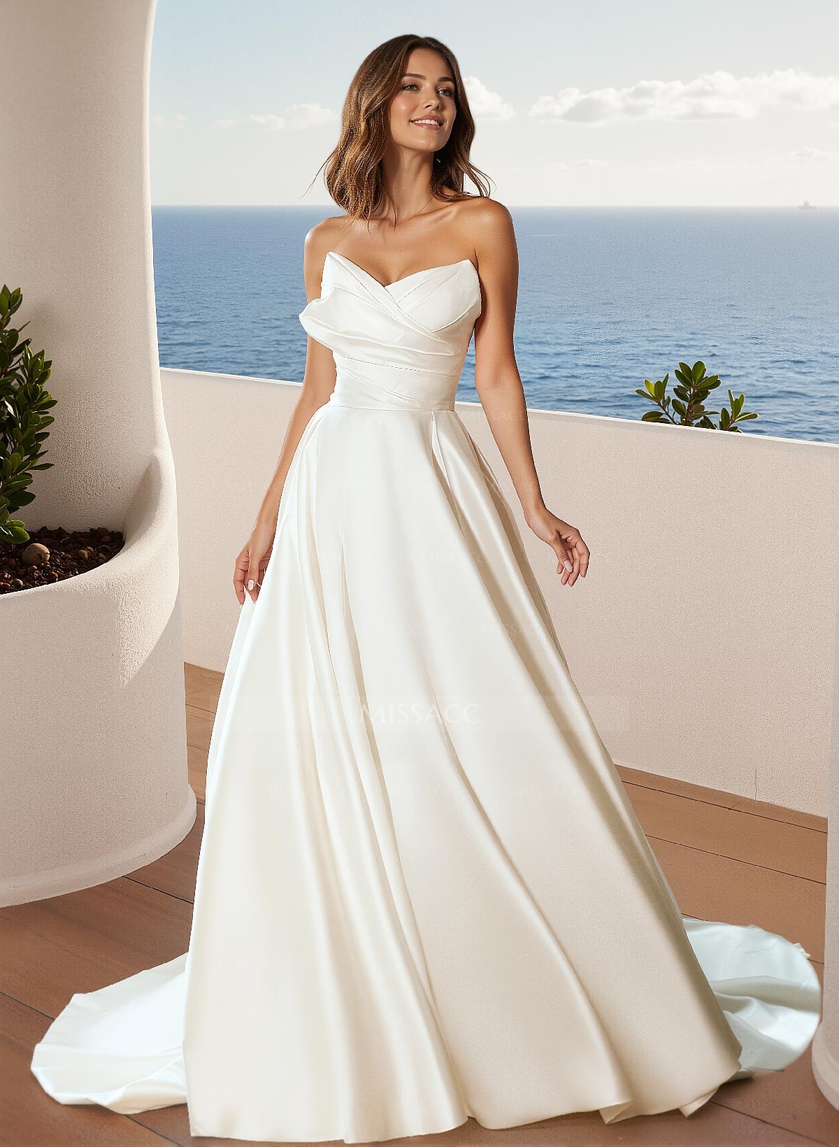 A-Line Strapless Sleeveless Court Train Satin Wedding Dresses