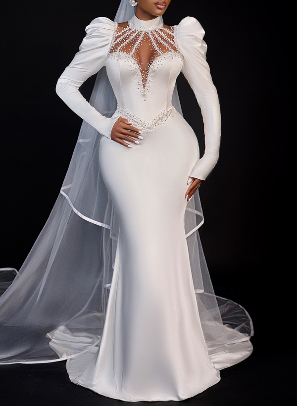 Trumpet/Mermaid High Neck Long Sleeves Satin Wedding Dresses With Beading