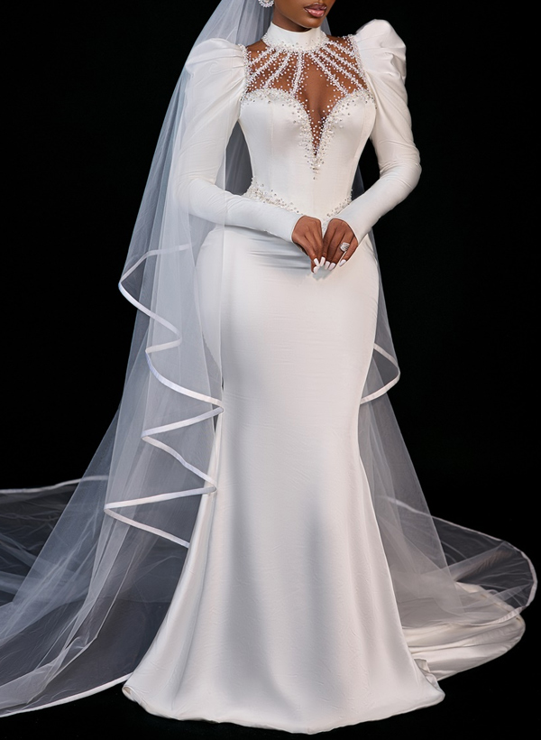 Trumpet/Mermaid High Neck Long Sleeves Satin Wedding Dresses With Beading