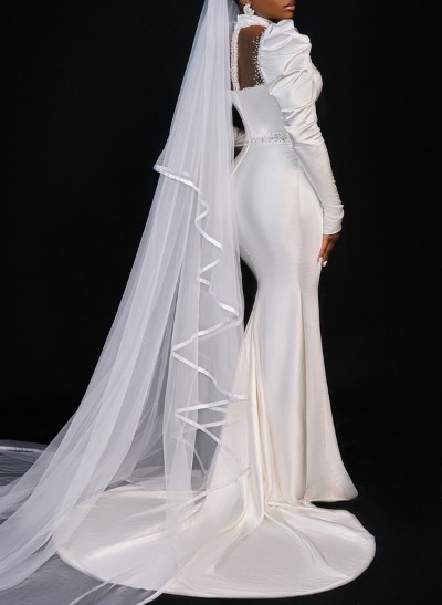 Trumpet/Mermaid High Neck Long Sleeves Satin Wedding Dresses With Beading