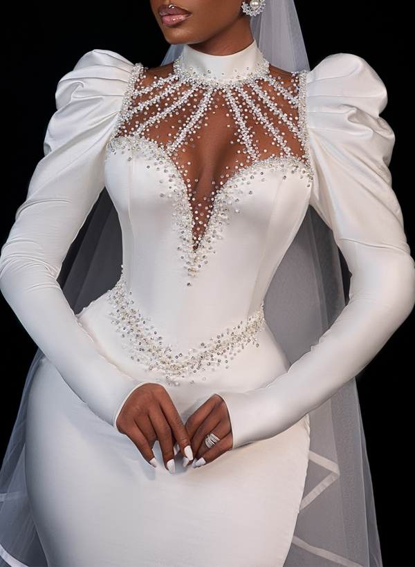 Trumpet/Mermaid High Neck Long Sleeves Satin Wedding Dresses With Beading