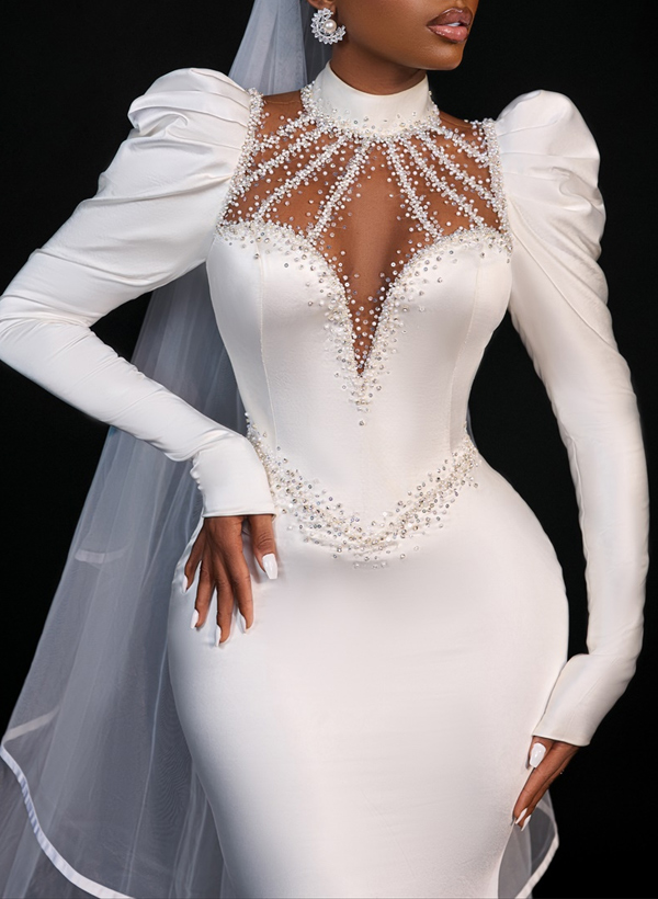 Trumpet/Mermaid High Neck Long Sleeves Satin Wedding Dresses With Beading