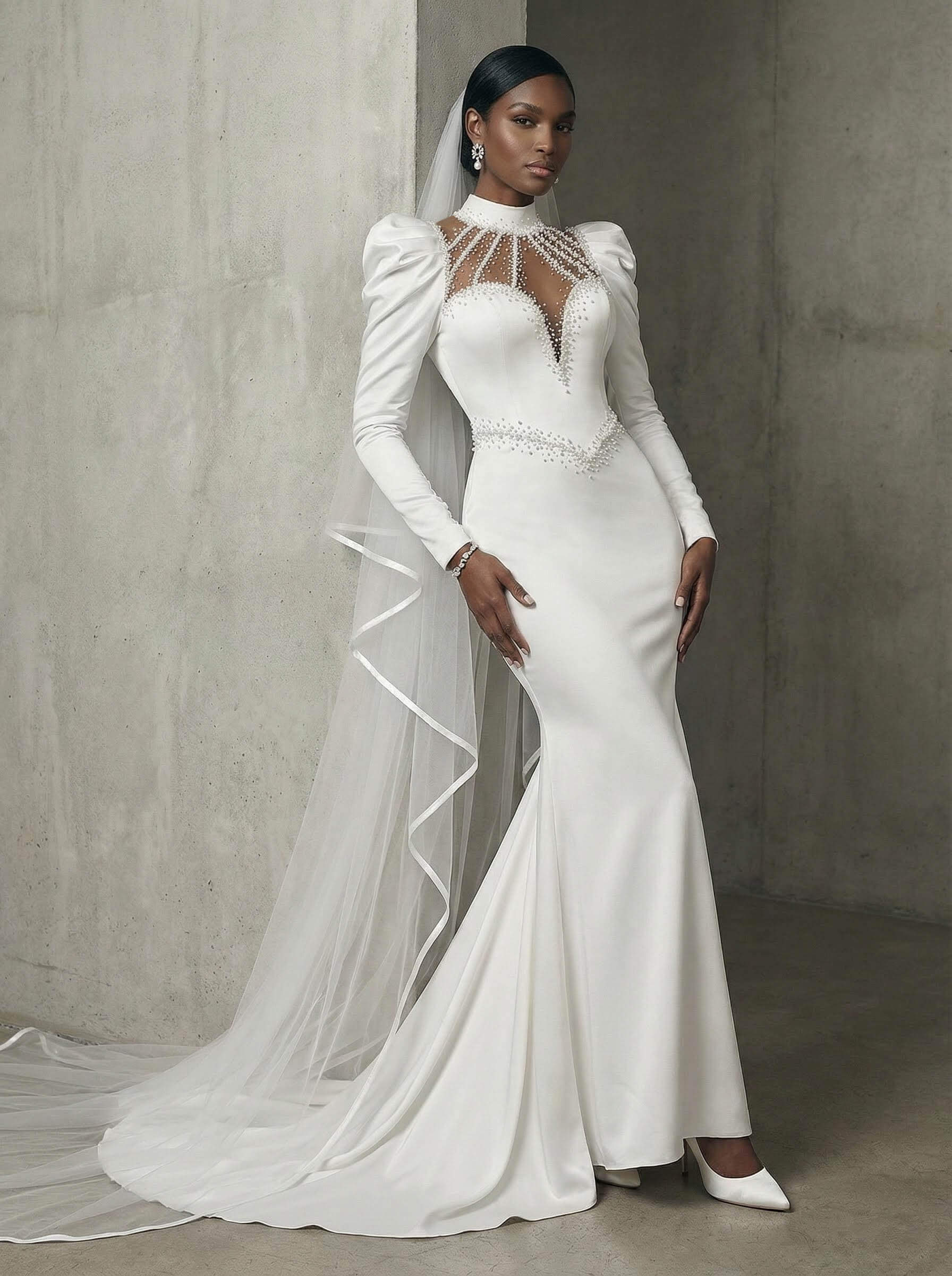 Trumpet/Mermaid High Neck Long Sleeves Matte Satin Wedding Dresses With Beading