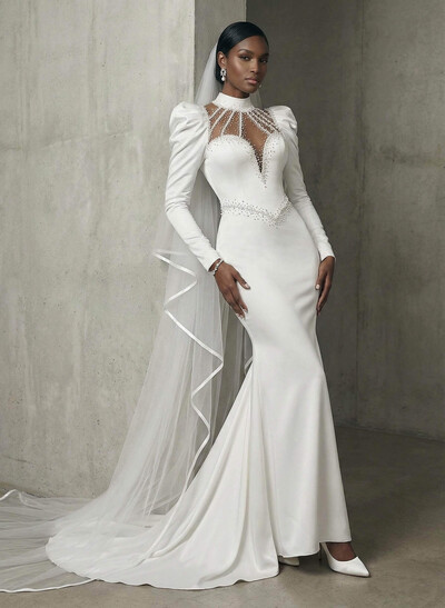 Trumpet/Mermaid High Neck Long Sleeves Matte Satin Wedding Dresses With Beading