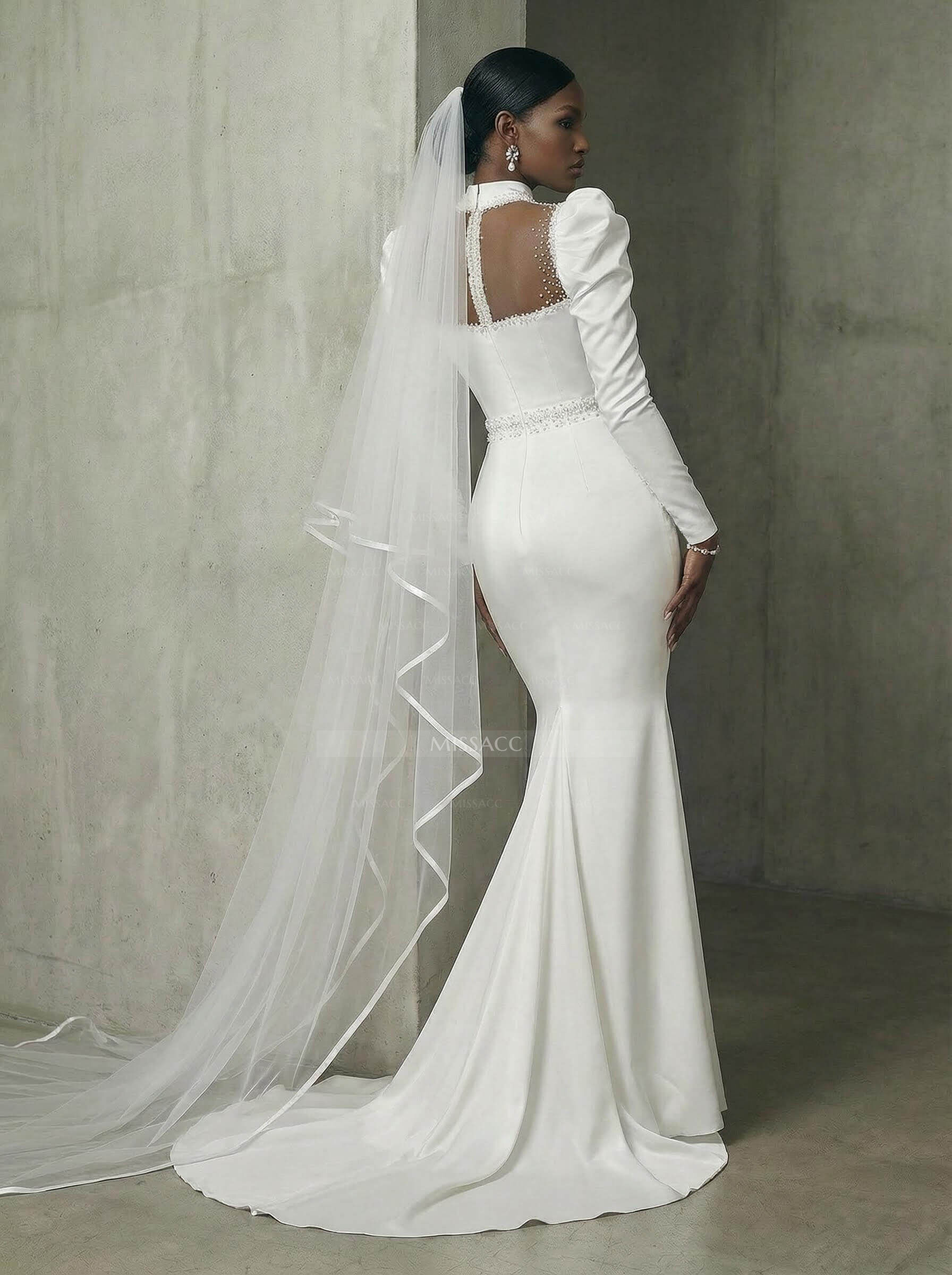 Trumpet/Mermaid High Neck Long Sleeves Matte Satin Wedding Dresses With Beading