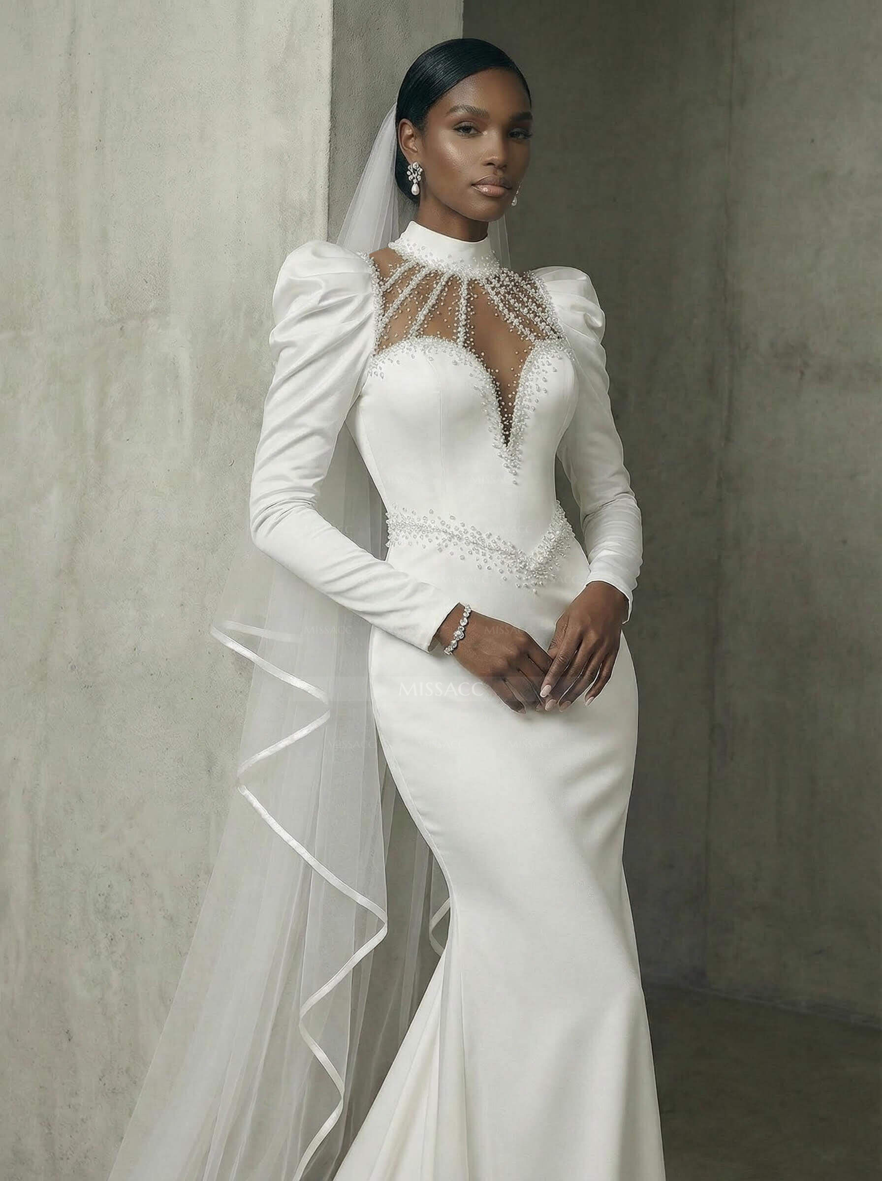 Trumpet/Mermaid High Neck Long Sleeves Matte Satin Wedding Dresses With Beading
