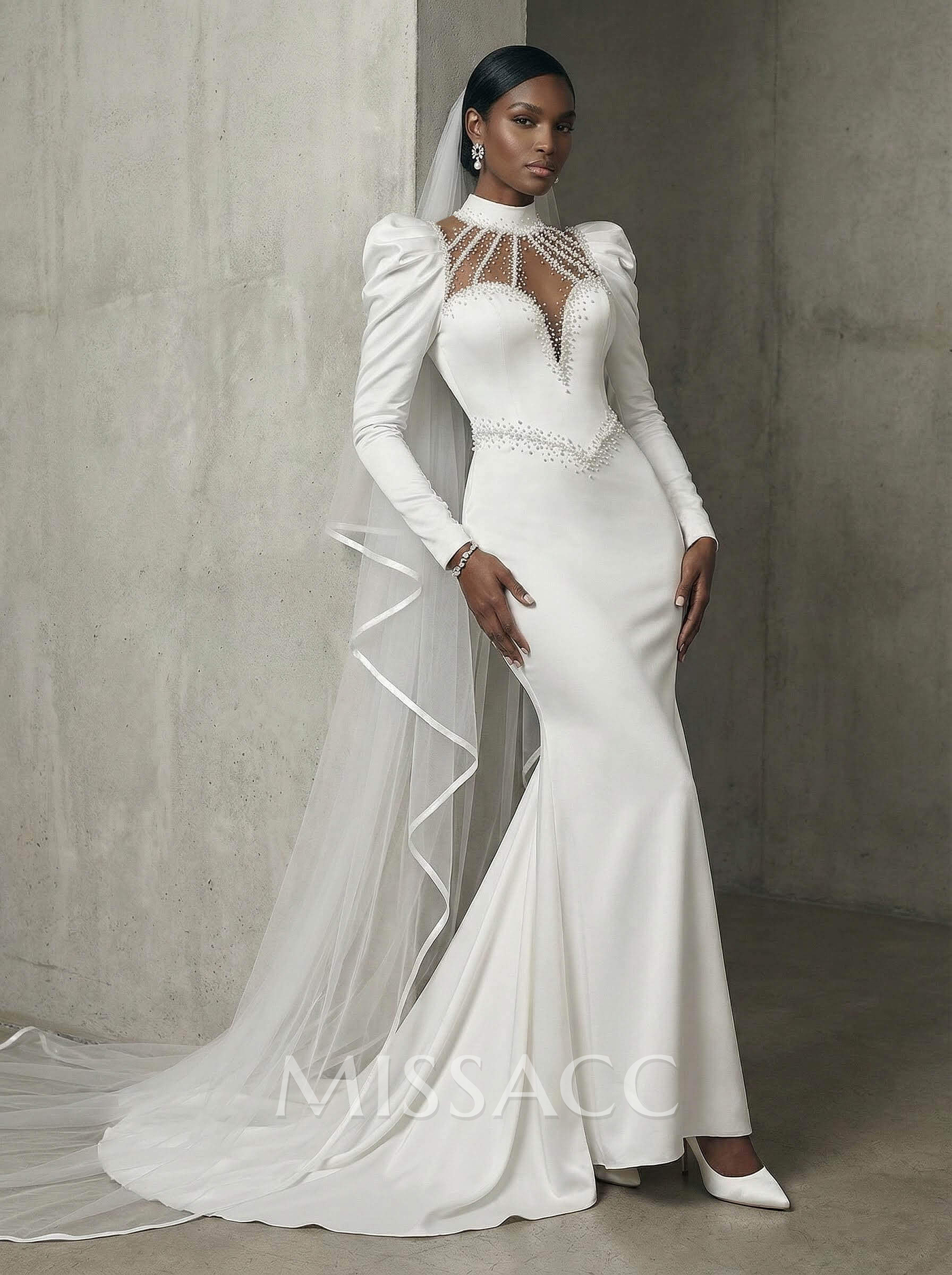 Trumpet/Mermaid High Neck Long Sleeves Matte Satin Wedding Dresses With Beading Trumpet/Mermaid High Neck Long Sleeves Matte Satin Wedding Dresses With Beading
