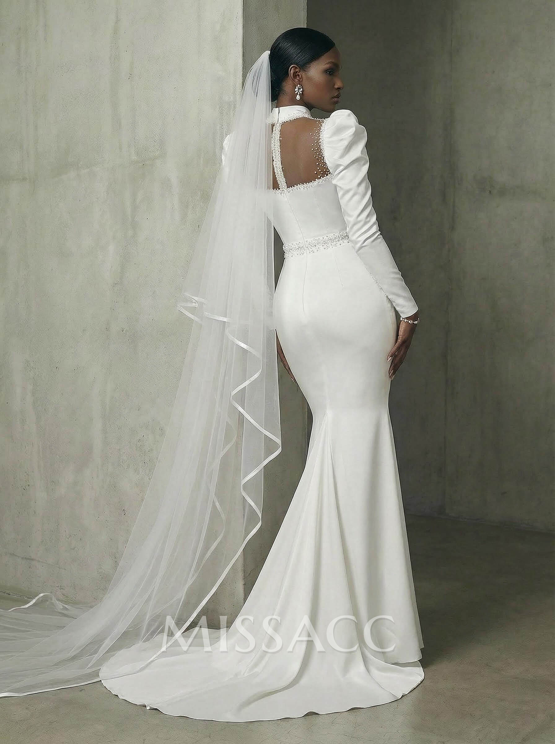 Trumpet/Mermaid High Neck Long Sleeves Matte Satin Wedding Dresses With Beading Trumpet/Mermaid High Neck Long Sleeves Matte Satin Wedding Dresses With Beading