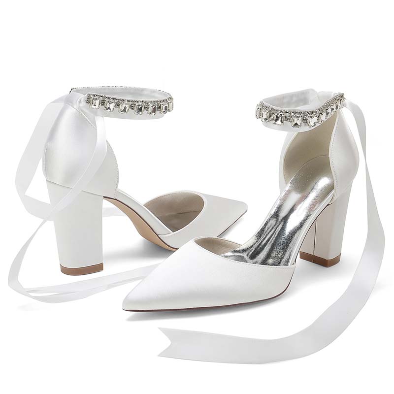 Chunky Heel Point Toe Wedding Shoes With Bowknot
