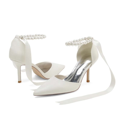 Stiletto Heel Point Toe Silk Like Satin Wedding Shoes With Imitation Pearl