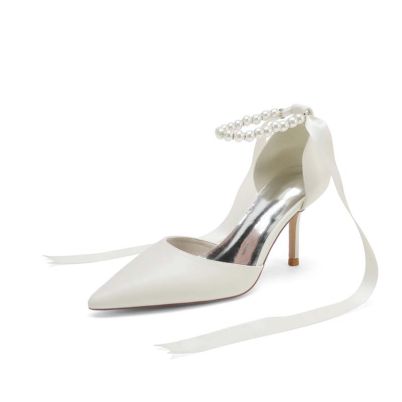 Stiletto Heel Point Toe Silk Like Satin Wedding Shoes With Imitation Pearl