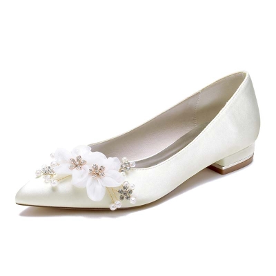 Low Heel Point Toe Slip On Wedding Shoes With Imitation Pearl